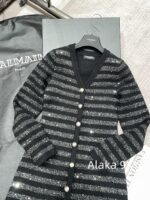 BALMAIN  2024 Early Autumn New Collection  Black Silver Stripe Glitter Versatile Casual Vneck Show Thin Temperament Metal Buckle Dress for Women - Image 25