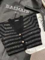 BALMAIN  2024 Early Autumn New Collection  Black Silver Stripe Glitter Versatile Casual Vneck Show Thin Temperament Metal Buckle Dress for Women - Image 41