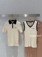 MIUMIU   American Retro Campus Dressing24 Autumn/Winter New High Quality Cashmere Fabric Embroidered Letter Logo Short Sleeve Tshirt/Vneck Knitted Tank Top Short Sleeve - Image 13