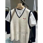 MIUMIU   American Retro Campus Dressing24 Autumn/Winter New High Quality Cashmere Fabric Embroidered Letter Logo Short Sleeve Tshirt/Vneck Knitted Tank Top Short Sleeve - Image 15