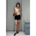 MIUMIU   American Retro Campus Dressing24 Autumn/Winter New High Quality Cashmere Fabric Embroidered Letter Logo Short Sleeve Tshirt/Vneck Knitted Tank Top Short Sleeve - Image 17