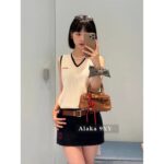 MIUMIU   American Retro Campus Dressing24 Autumn/Winter New High Quality Cashmere Fabric Embroidered Letter Logo Short Sleeve Tshirt/Vneck Knitted Tank Top Short Sleeve - Image 19