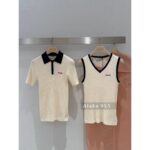 MIUMIU   American Retro Campus Dressing24 Autumn/Winter New High Quality Cashmere Fabric Embroidered Letter Logo Short Sleeve Tshirt/Vneck Knitted Tank Top Short Sleeve - Image 21