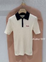 MIUMIU   American Retro Campus Dressing24 Autumn/Winter New High Quality Cashmere Fabric Embroidered Letter Logo Short Sleeve Tshirt/Vneck Knitted Tank Top Short Sleeve - Image 29