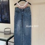 Alexanderwang High Quality Two Color Retained King  2024 Autumn/Winter New Collection Gulina Zha Same Style Hot Girl Bikini Jeans Women's Fake Two Piece Straight Leg Pants