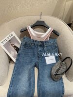 Alexanderwang High Quality Two Color Retained King  2024 Autumn/Winter New Collection Gulina Zha Same Style Hot Girl Bikini Jeans Women's Fake Two Piece Straight Leg Pants - Image 3