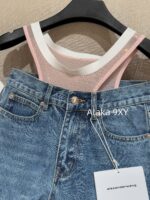 Alexanderwang High Quality Two Color Retained King  2024 Autumn/Winter New Collection Gulina Zha Same Style Hot Girl Bikini Jeans Women's Fake Two Piece Straight Leg Pants - Image 5