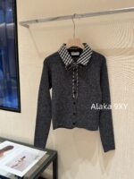 MIUMIU Super Sweet Self kept 24 Autumn/Winter New Collection Fake Two Piece Grid Splicing Wool Knitted Cardigan Top