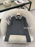 MIUMIU Super Sweet Self kept 24 Autumn/Winter New Collection Fake Two Piece Grid Splicing Wool Knitted Cardigan Top - Image 5