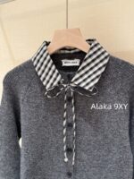 MIUMIU Super Sweet Self kept 24 Autumn/Winter New Collection Fake Two Piece Grid Splicing Wool Knitted Cardigan Top - Image 13