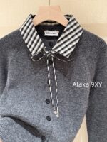 MIUMIU Super Sweet Self kept 24 Autumn/Winter New Collection Fake Two Piece Grid Splicing Wool Knitted Cardigan Top - Image 24