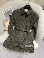 Fendi "FF" Jacquard Letter Logo 2024 Autumn New Vintage Heavy Industry British Style Heavy Industry Belt Flip Collar Western Style Dress - Image 5