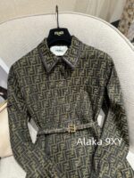 Fendi "FF" Jacquard Letter Logo 2024 Autumn New Vintage Heavy Industry British Style Heavy Industry Belt Flip Collar Western Style Dress - Image 6