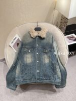 Acne studios American retro vintage vintage lambskin collar denim jacket  Women's autumn and winter cotton padded thick 2024 new winter cotton jacket - Image 4