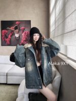 Acne studios American retro vintage vintage lambskin collar denim jacket  Women's autumn and winter cotton padded thick 2024 new winter cotton jacket - Image 10