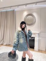 Acne studios American retro vintage vintage lambskin collar denim jacket  Women's autumn and winter cotton padded thick 2024 new winter cotton jacket - Image 12