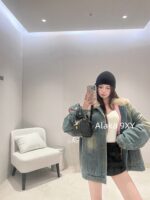 Acne studios American retro vintage vintage lambskin collar denim jacket  Women's autumn and winter cotton padded thick 2024 new winter cotton jacket - Image 15