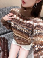 Loropiana "French Romantic Retro Old  Wearing "LP  Fashionable Lazy Heavy Industry Jacquard High Collar Knitted Long Sleeve Cashmere Sweater for Women - Image 14