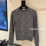 Yves Saint Laurent 2024 Autumn/Winter CollectionY   Round neck heavy industry embroidered letter logo pullover gray wool sweater for women.