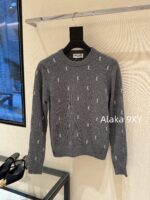 Yves Saint Laurent 2024 Autumn/Winter CollectionY   Round neck heavy industry embroidered letter logo pullover gray wool sweater for women.