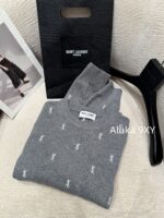 Yves Saint Laurent 2024 Autumn/Winter CollectionY   Round neck heavy industry embroidered letter logo pullover gray wool sweater for women. - Image 6