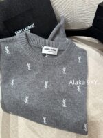 Yves Saint Laurent 2024 Autumn/Winter CollectionY   Round neck heavy industry embroidered letter logo pullover gray wool sweater for women. - Image 7