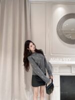 Yves Saint Laurent 2024 Autumn/Winter CollectionY   Round neck heavy industry embroidered letter logo pullover gray wool sweater for women. - Image 14