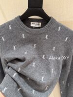 Yves Saint Laurent 2024 Autumn/Winter CollectionY   Round neck heavy industry embroidered letter logo pullover gray wool sweater for women. - Image 21