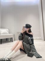 BALMAIN "Pure Desire Goddess Atmosphere" B  24 Autumn/Winter New Collection Round Neck Black and White Striped Diagonal Shoulder Metal Buckle Medium Long Striped Woolen Dress for Women - Image 10