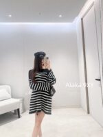 BALMAIN "Pure Desire Goddess Atmosphere" B  24 Autumn/Winter New Collection Round Neck Black and White Striped Diagonal Shoulder Metal Buckle Medium Long Striped Woolen Dress for Women - Image 11