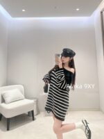 BALMAIN "Pure Desire Goddess Atmosphere" B  24 Autumn/Winter New Collection Round Neck Black and White Striped Diagonal Shoulder Metal Buckle Medium Long Striped Woolen Dress for Women - Image 12