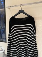 BALMAIN "Pure Desire Goddess Atmosphere" B  24 Autumn/Winter New Collection Round Neck Black and White Striped Diagonal Shoulder Metal Buckle Medium Long Striped Woolen Dress for Women - Image 18