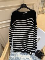 BALMAIN "Pure Desire Goddess Atmosphere" B  24 Autumn/Winter New Collection Round Neck Black and White Striped Diagonal Shoulder Metal Buckle Medium Long Striped Woolen Dress for Women - Image 19