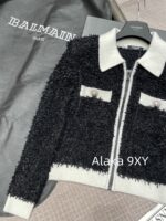 BALMAIN's domineering female CEO outfit exudes a strong aura  24autumn and winter black and white contrasting splicing coarse tweed slim fit and slimming, lapel zipper cardigan jacket - Image 3