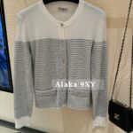 Chanel  2024a Early Autumn New Collection  Champagne Gold Gold Thread with Gemstone Button Logo Round Neck Knitted Cardigan Sweater for Women. Available in gold and silver colors