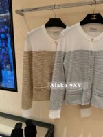 Chanel  2024a Early Autumn New Collection  Champagne Gold Gold Thread with Gemstone Button Logo Round Neck Knitted Cardigan Sweater for Women. Available in gold and silver colors - Image 17