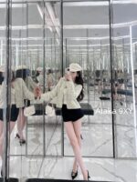 chanel   2024k Early Autumn New Collection  Women's crochet lemon yellow sand thread rhinestone buckle hollow long sleeved knitted cardigan jacket. Mini Short - Image 8