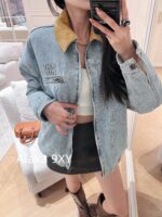 MIUMIU  2024 autumn and winter new collection corduroy lapel spliced letter logo clip cotton wide denim jacket for women. Hot girls must be included in the collection - Image 3