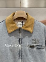 MIUMIU  2024 autumn and winter new collection corduroy lapel spliced letter logo clip cotton wide denim jacket for women. Hot girls must be included in the collection - Image 6