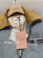 MIUMIU  2024 autumn and winter new collection corduroy lapel spliced letter logo clip cotton wide denim jacket for women. Hot girls must be included in the collection - Image 18