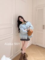 MIUMIU  2024 autumn and winter new collection corduroy lapel spliced letter logo clip cotton wide denim jacket for women. Hot girls must be included in the collection - Image 24