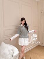 THOM BROWNE Overlapping  Fake Two Piece Design  24 American College Style Dress Up TB  Collar shirt patchwork knit pullover dress for women. - Image 4