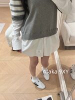 THOM BROWNE Overlapping  Fake Two Piece Design  24 American College Style Dress Up TB  Collar shirt patchwork knit pullover dress for women. - Image 7