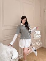 THOM BROWNE Overlapping  Fake Two Piece Design  24 American College Style Dress Up TB  Collar shirt patchwork knit pullover dress for women. - Image 9