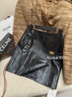 CELINE   2024 new design environmentally friendly PU leather micro glossy exquisite metal chain Aline short skirt autumn and winter new slim fit hip hugging sexy half skirt - Image 9