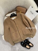 CELINE   2024 autumn and winter new milk coffee color gold button letter logo lamb fur/cashmere lapel warm jacketCustomized gold mold button lining exquisite matching - Image 3