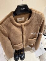 CELINE   2024 autumn and winter new milk coffee color gold button letter logo lamb fur/cashmere lapel warm jacketCustomized gold mold button lining exquisite matching - Image 15