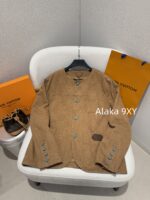 LOUIS VUITTON High Quality 24ss Autumn/Winter New Collection Classic Dark Pattern Khaki  Checkered jacquard turquoise button collarless jacket for men and women, casual jacket trend - Image 5