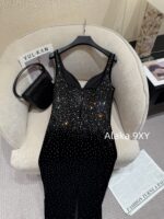 Yves Saint Laurent "Annual Meeting C Dressing" Y  2024 Autumn/Winter New Collection  Socialite banquet, highend heavy worker, full of hot pressed diamond suspenders, long dress, velvet inlaid with diamonds, hip hugging dress - Image 10
