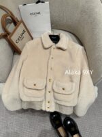 CELINE  2024 autumn and winter new gold button letter logo lamb fur lapel jacketCustomized gold molded buckle lining with exquisite matching - Image 3